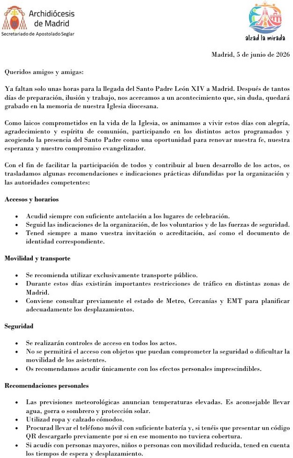 Últimas indicaciones para la visita del Santo Padre a Madrid